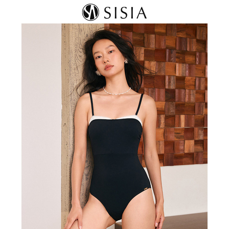 SISIA2025新款泳衣女夏高级感温泉海边度假连体吊带性感撞色优雅