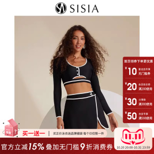 分体温泉泳衣 性感显瘦黑白撞色裙式 sisia2025新款 泳衣女黑色长袖