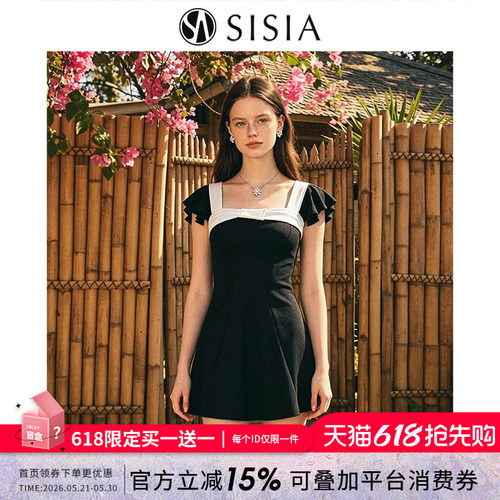 法式方领泡泡袖收腰显瘦连体泳衣
