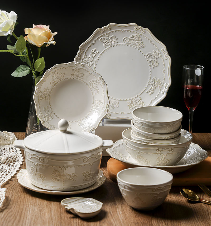 法式复古碗碟套装浮雕盘子菜盘鱼盘家用陶瓷汤碗面碗西餐盘甜品碟,餐饮具,餐具瓷器套装,淘宝优惠券,粉丝福利购,淘宝优惠卷