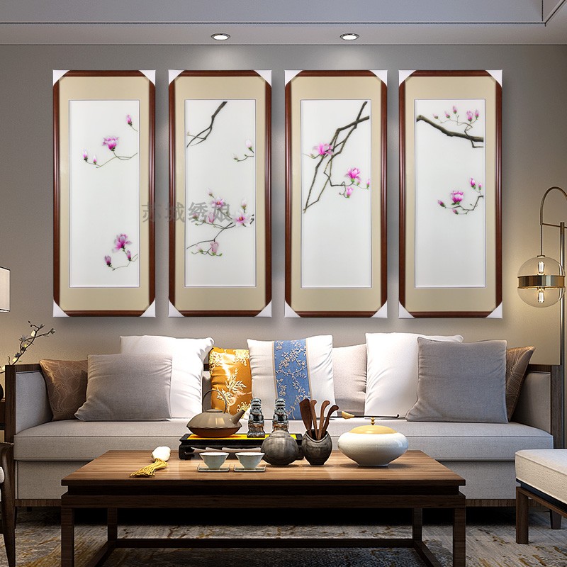 苏绣新中式成品挂画4丝精品玉兰花四条屏 客厅餐厅书房刺绣四联画
