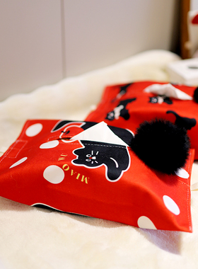 鸿运猫纸巾盒新年新气象红色氛围感装饰纸巾套罩家用客厅车载收纳