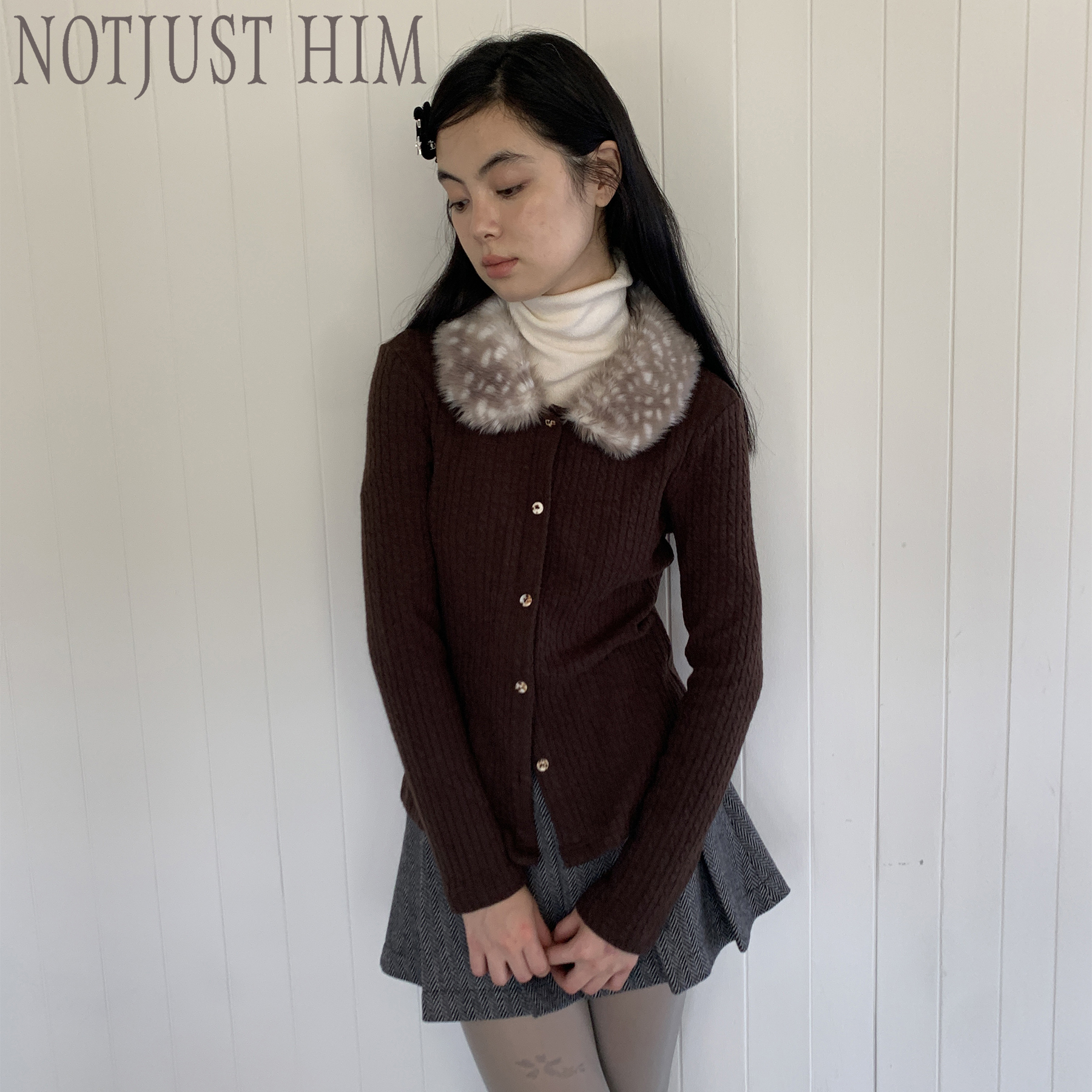 花筏NOTJUSTHIM《绒栗》灰咖色小鹿斑点毛领绞花针织开衫外套