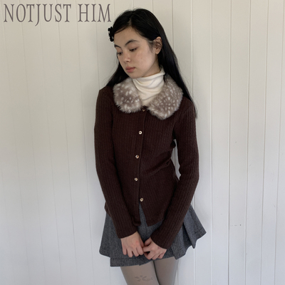 花筏NOTJUSTHIM《绒栗》灰咖色小鹿斑点毛领绞花针织开衫外套
