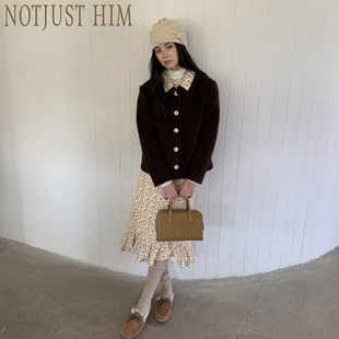 花筏NOTJUSTHIM《赫拉小姐》棕色毛绒外套+碎花半裙套装