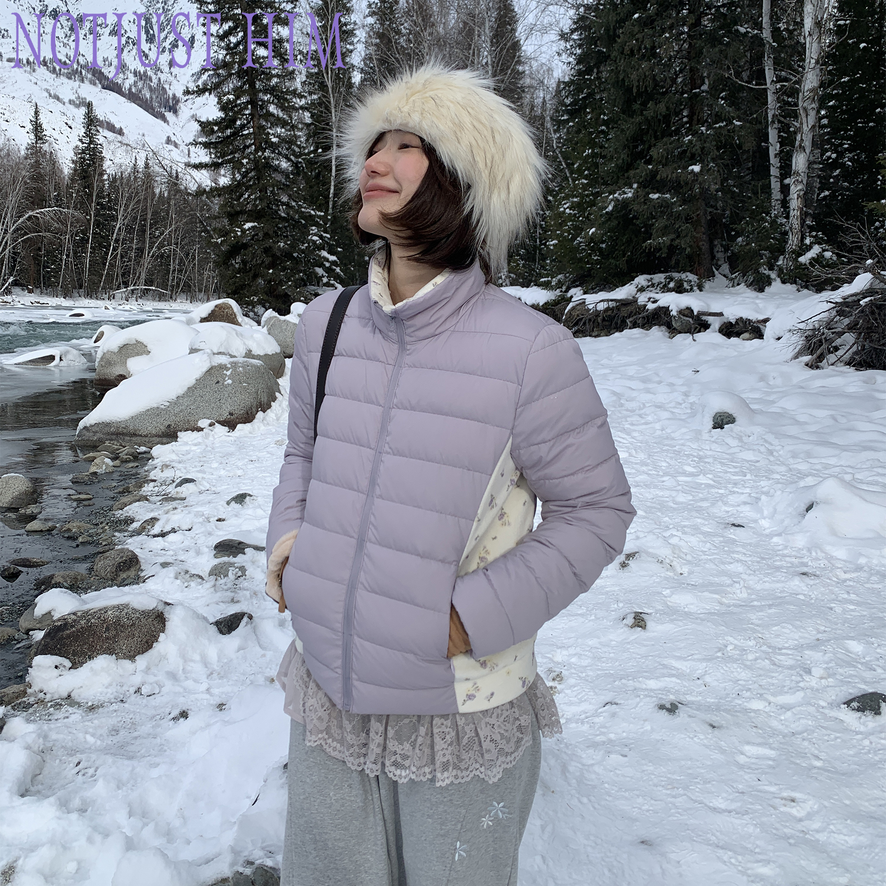 花筏NOTJUSTHIM 《SnowMelting》90白鸭绒碎花拼接正肩短款羽绒服