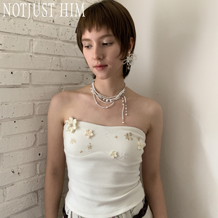 花筏NOTJUSTHIM《白槿花》立体手工花朵刺绣弹力抹胸