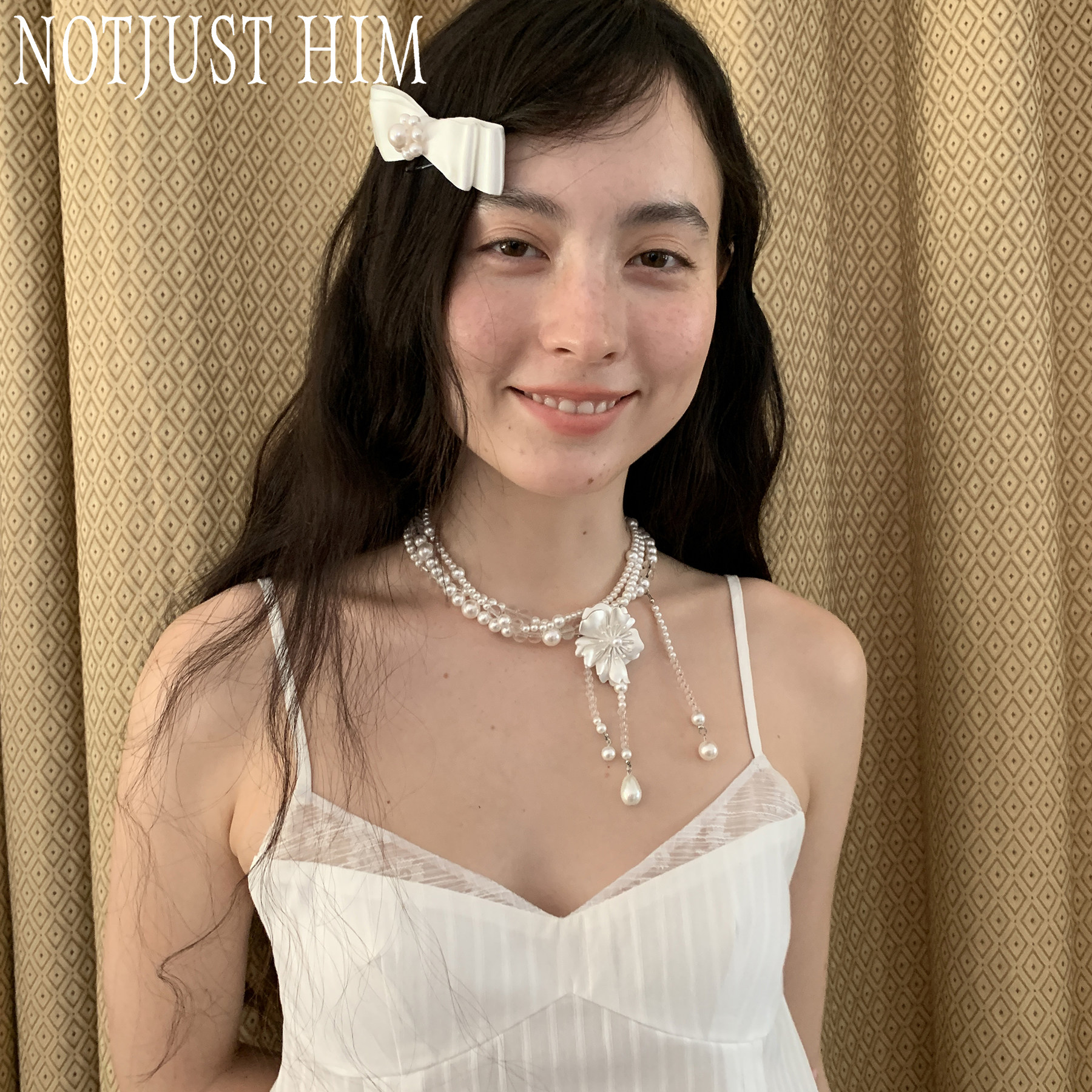 花筏NOTJUSTHIM 《月光丝绸》雅白花朵水滴珍珠白水晶项链,饰品/流行首饰/时尚饰品新,项链,淘宝优惠券,粉丝福利购,淘宝优惠卷