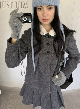 花筏NOTJUSTHIM《北海道少女》羊毛混纺娃娃领呢子外套百褶裙套装