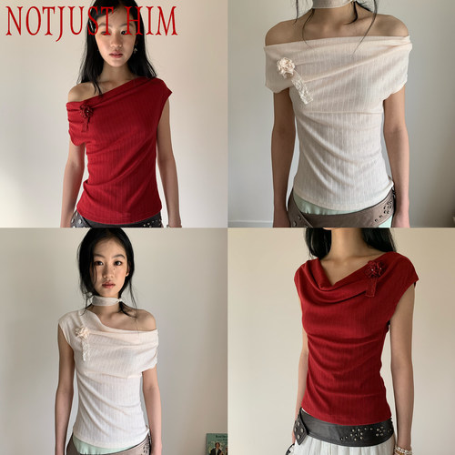 花筏NOTJUSTHIM 提花针织荡领一字肩修身上衣 多种穿法