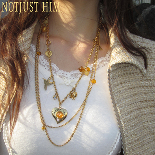 花筏NOTJUSTHIM《夜莺心》宝石爱心金银双色长款多层项链