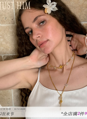 花筏NOTJUSTHIM《Golden Lily》金色百合花套装镶嵌宝石叠戴项链