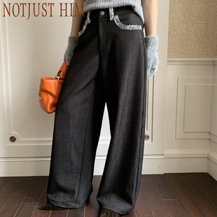 花筏NOTJUSTHIM 黑色仿牛仔料直筒宽松蕾丝边长裤