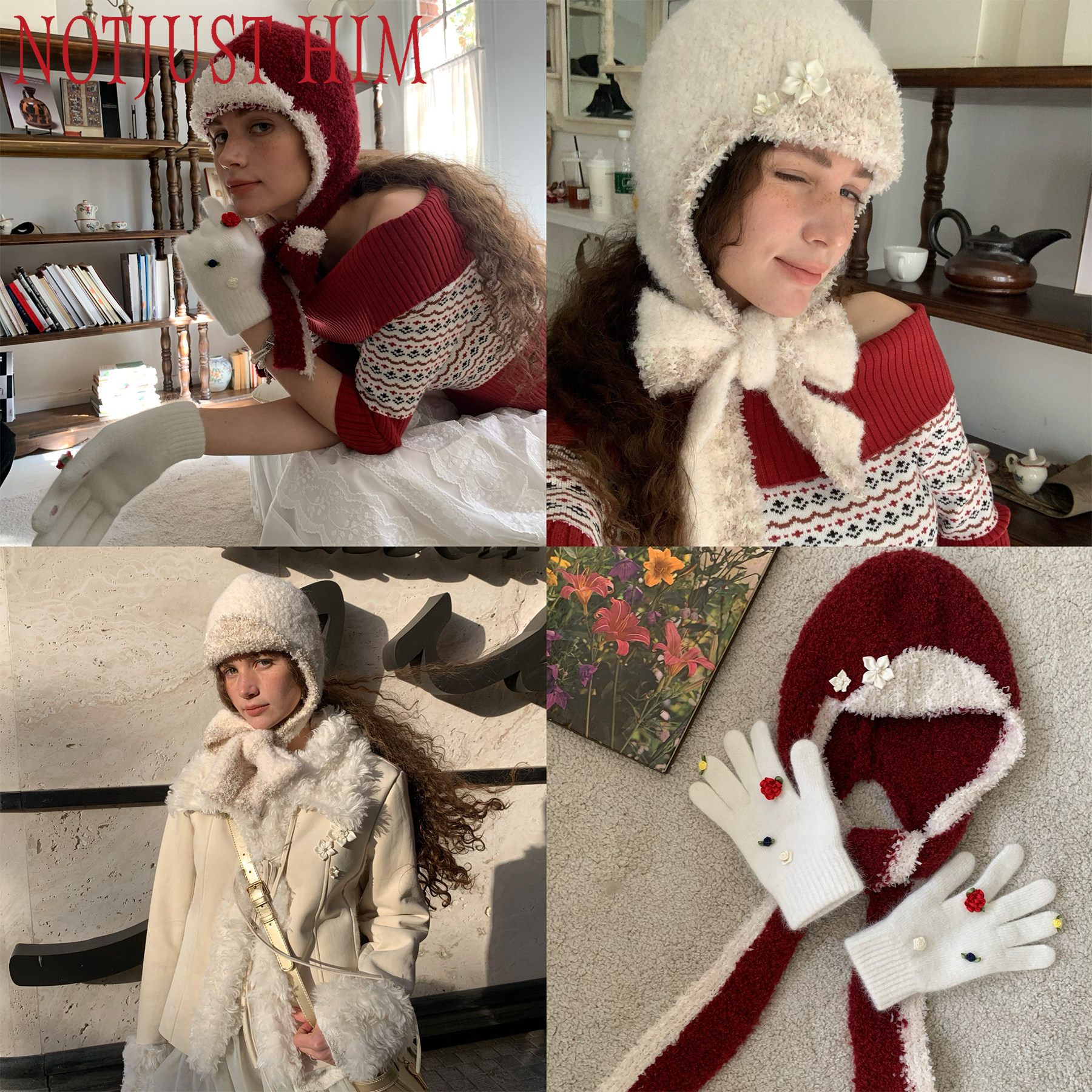 花筏NOTJUSTHIM《拉普兰时光》丝光羊毛手工钉花俏皮时髦保暖帽子