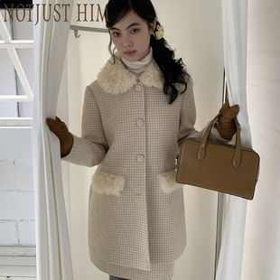 花筏NOTJUSTHIM《凛冬恋歌》羊毛混纺千鸟格毛绒领外套直筒裙套装