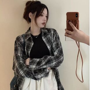 格子衬衫外套女2026春秋款宽松慵懒情侣款休闲长袖衬衣外搭ins潮