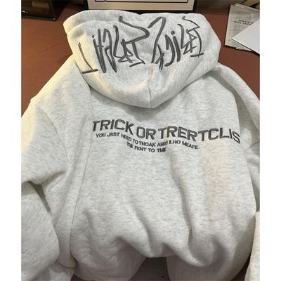 美式复古刺绣字母潮牌连帽卫衣男女秋冬季加绒加厚高街vibe风外套