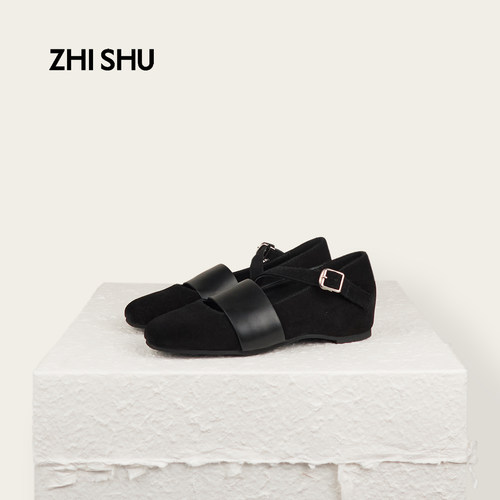 直述ZHISHU 坡跟芭蕾舞鞋内增高麂皮牛皮玛丽珍