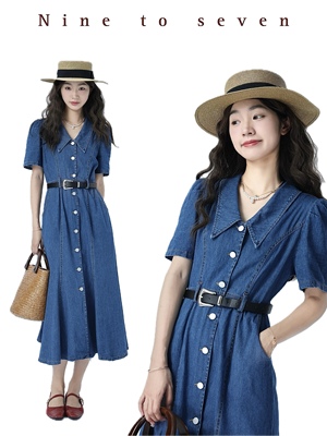 港风牛仔鱼尾连衣裙牛仔皮带纽扣