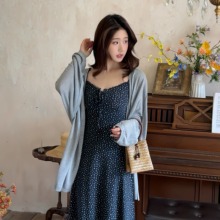 NTS97 新款春夏百搭藏青色碎花吊带连衣裙女灰色慵懒针织开衫套装