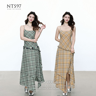 NTS97复古格纹流苏吊带连衣裙
