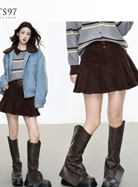 NTS97 灯芯绒复古miu系百褶半身裙短裙