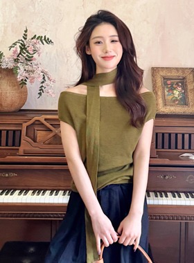 NTS97 新款春夏斜肩气质显白无袖芥末绿针织上衣女