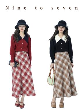 NTS97 2023年初冬新款气质显瘦松紧格纹百搭a字版半身裙长裙