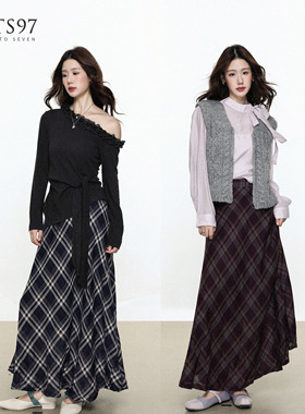 NTS97 秋冬新款格纹高腰a字半身裙长裙