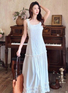 NTS97 新款春夏气质韩系温柔重工肩带收腰显瘦吊带白色蕾丝连衣裙