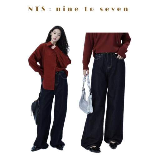 NTS97 2024秋直筒阔腿藏青加厚磨毛牛仔裤长裤