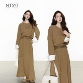 韩系简约大地色系圆领拼接卫衣系带高腰半身裙套装 NTS97 秋冬新款