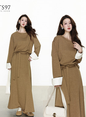 NTS97 秋冬新款韩系简约大地色系圆领拼接卫衣系带高腰半身裙套装