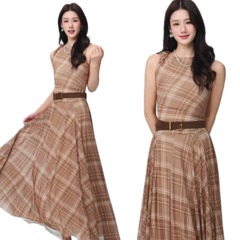 NTS97 春夏新款复古千金咖色格纹无袖气质连衣裙