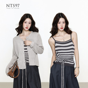 套装 韩系针织灰条纹系带吊带开衫 秋冬新款 NTS97