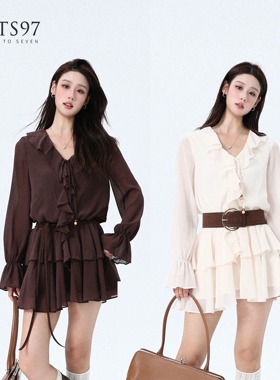 NTS97 新款波嬉风雪纺长袖收腰度假连衣裙短裙