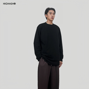 HIGHASH250克美式纯黑色白色体袖纯棉高端男士全棉四季长袖t恤男