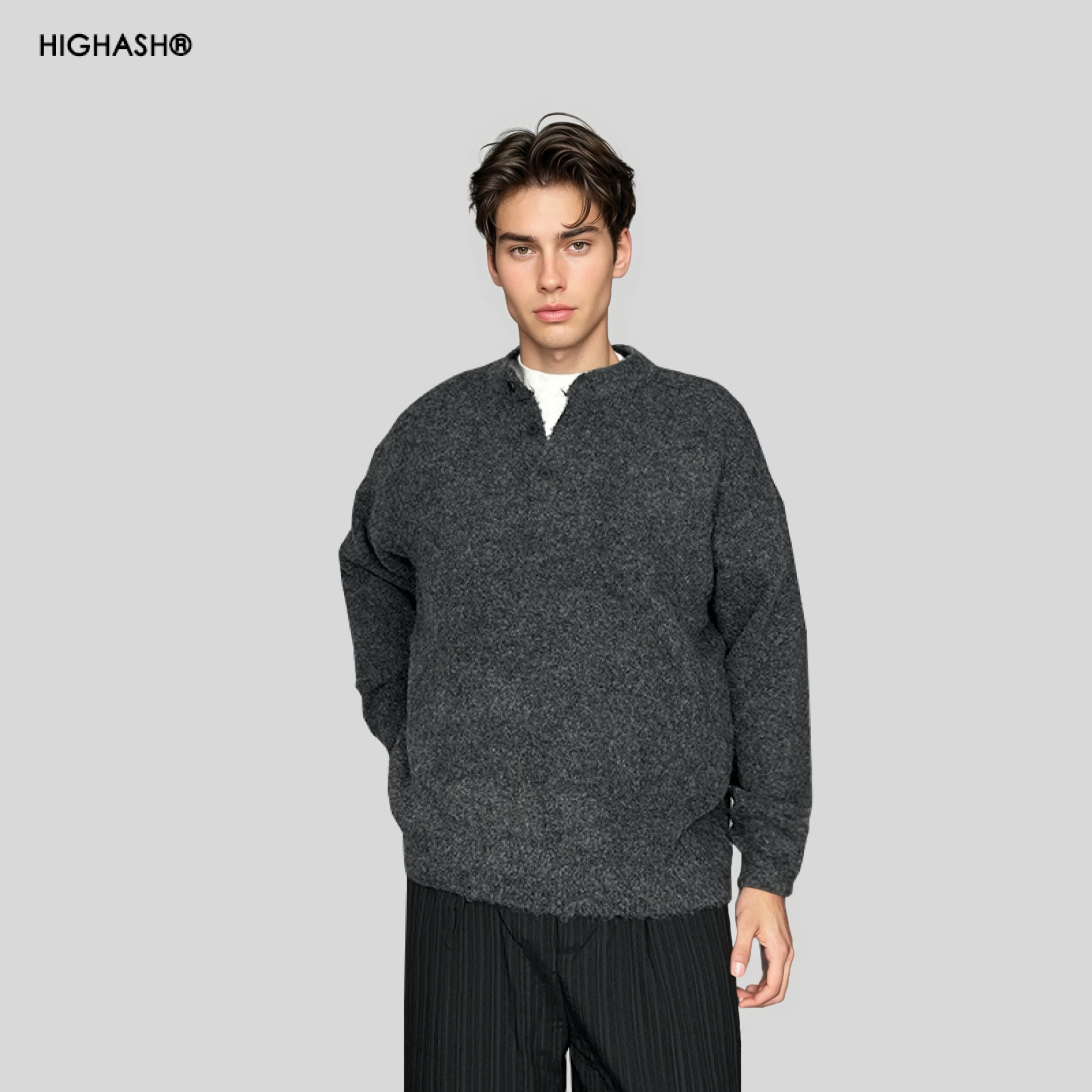 HIGHASH美式慵懒保暖老钱亨利领纱针织套头毛衣男冬2025新款上衣