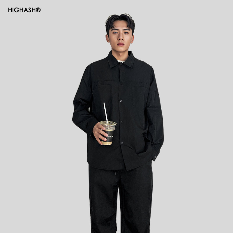 HIGHASH2025新款春秋季长袖纯色双口袋黑色衬衫男款高级感