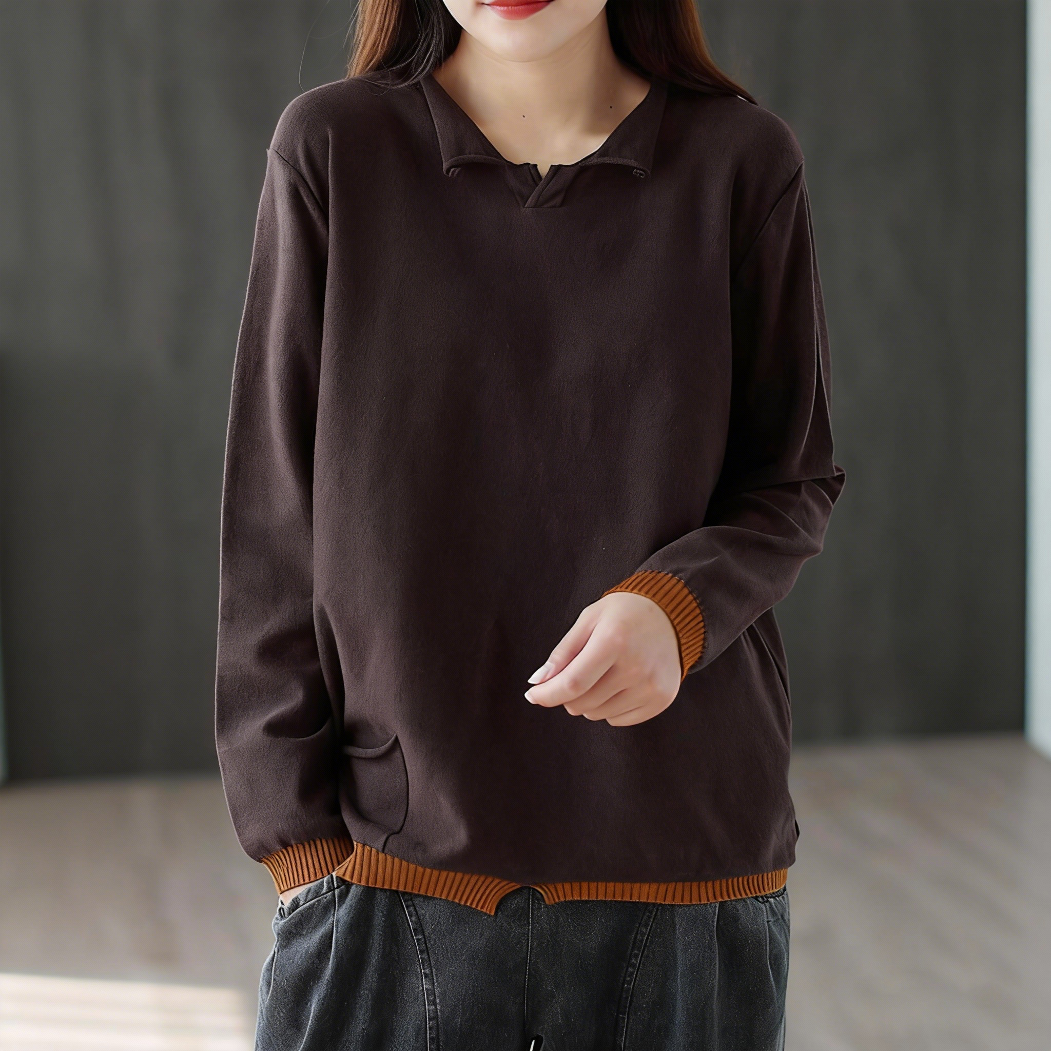 复古拼色假两件宽松大码针织衫女