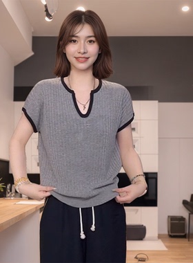 灰色V领薄款短袖针织衫女夏季新款设计感大码胖MM显瘦百搭t恤上衣