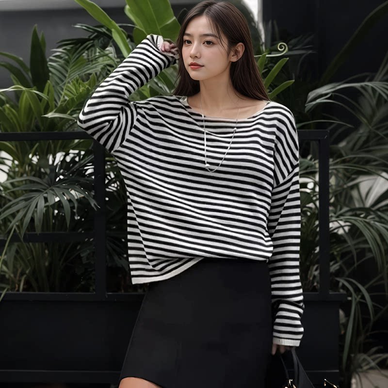 防晒罩衫女夏季新款慵懒风别致薄款长袖t恤宽松黑白条纹斜肩上衣