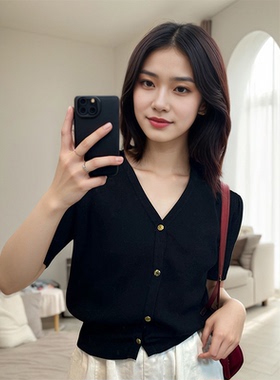 黑色短款t恤针织开衫女夏季新款设计感修身显瘦V领小香风短袖上衣