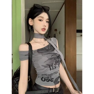 甜酷风印花荡领背心女夏季 无袖 2025新款 短款 上衣 褶皱弹力修身 美式