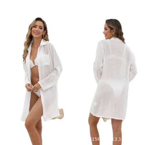 欧美风跨境亚马逊度假泳衣防晒罩衫纯色竹节棉长款防晒比基尼衬衫