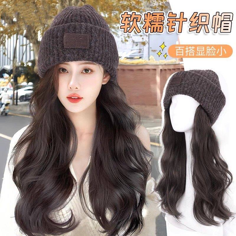 出口热卖若兰帽子假发一体秋冬女新款仿真发大波浪长卷发全头套