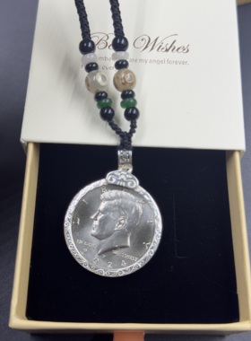 925银订制纯银边框吊坠美国肯尼迪半美元吊坠框镶嵌