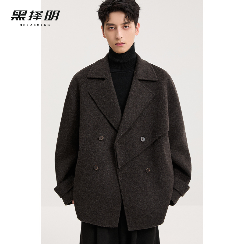 100%绵羊毛黑择明双面呢大衣男25秋季新款短款高端双排扣呢子外套