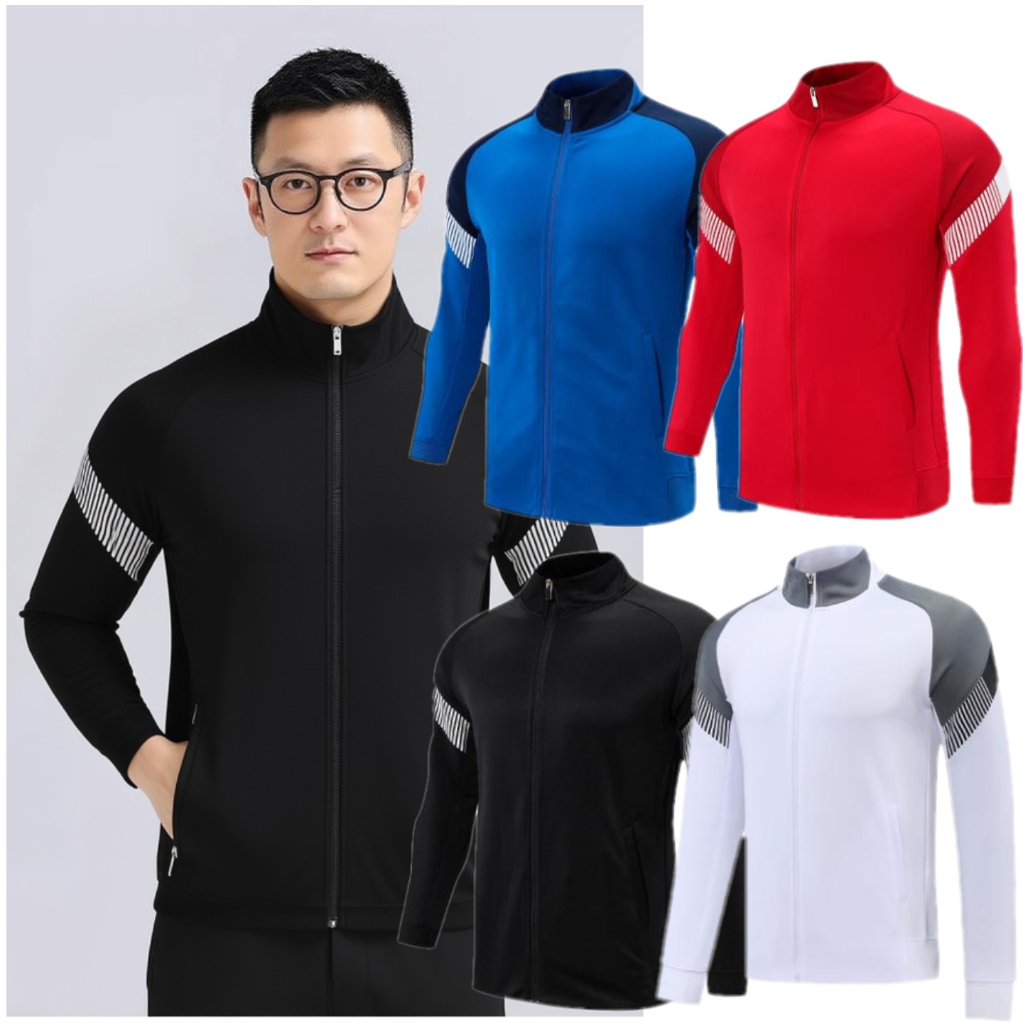 秋冬款撞色户外跑步男女拉链立领夹克外套足球训练服时尚运动套装