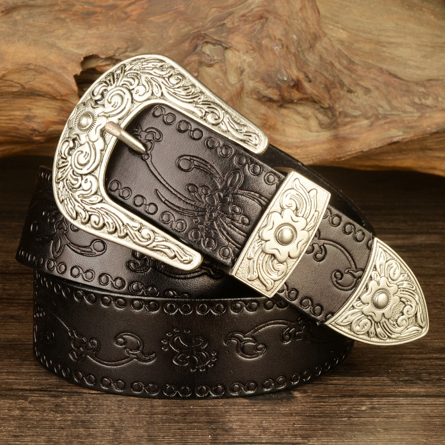 复古压花腰带男真皮裤带女潮纯牛皮雕花皮带针扣头三件套植鞣皮带